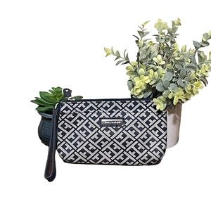 Tommy Hilfiger wristlet,grey and navy geometric pattern,silver front logo bar.